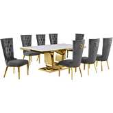 D320 9 Piece Dining Set in White Marble, Gold Stainless Steel & Dark Gray Velvet