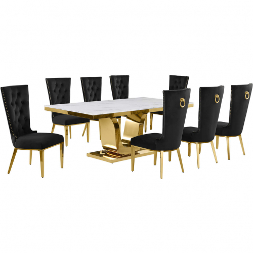 D320 9 Piece Dining Set in White Marble, Gold Stainless Steel & Black Velvet