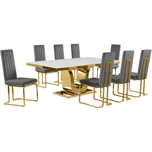 D320 9 Piece Dining Set in White Marble, Gold Stainless Steel & Dark Gray Velvet