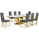 D320 9 Piece Dining Set in White Marble, Gold Stainless Steel & Dark Gray Velvet