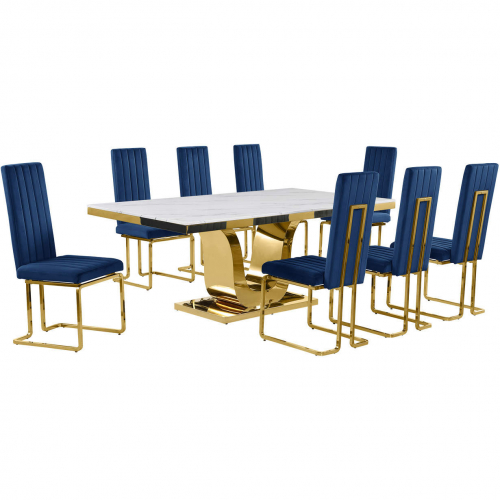 D320 9 Piece Dining Set in White Marble, Gold Stainless Steel & Navy Blue Velvet