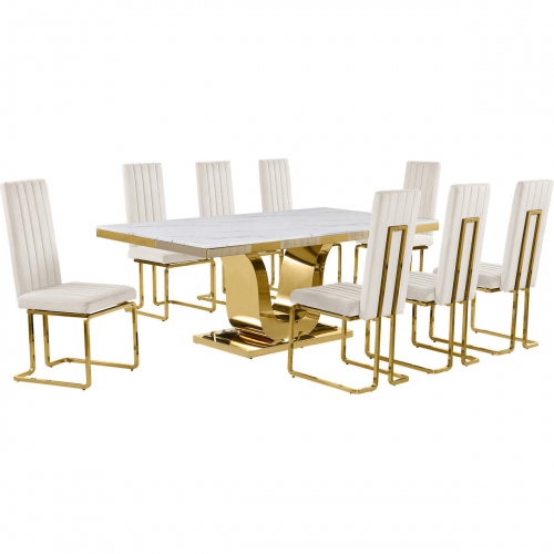 D320 9 Piece Dining Set in White Marble, Gold Stainless Steel & Cream Velvet