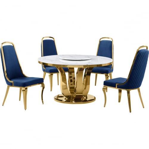 D325 5 Piece Dining Set w/ Lazy Susan in White Marble, Gold Stainless & Navy Blue Velvet