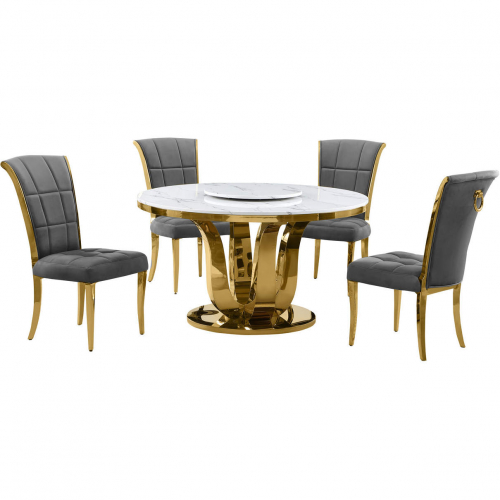 D325 5 Piece Dining Set w/ Lazy Susan in White Marble, Gold Stainless & Dark Gray Velvet