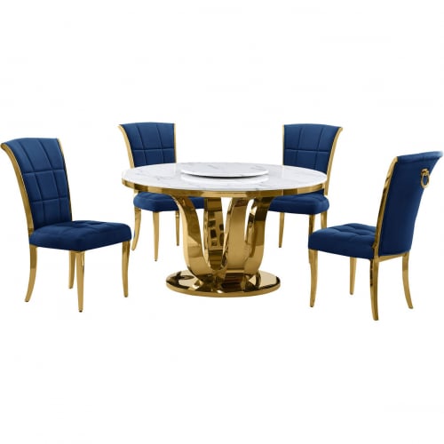 D325 5 Piece Dining Set w/ Lazy Susan in White Marble, Gold Stainless & Navy Blue Velvet