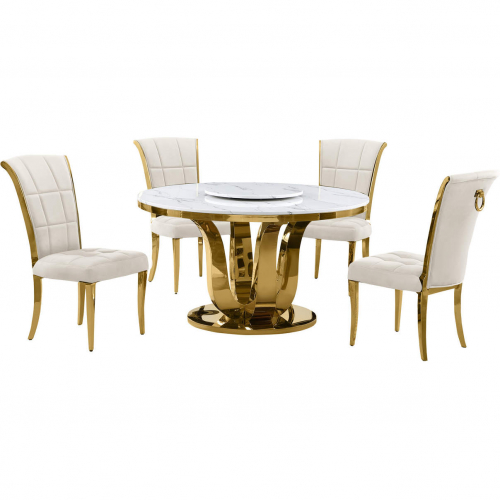 D325 5 Piece Dining Set w/ Lazy Susan in White Marble, Gold Stainless & Cream Velvet