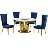 D325 5 Piece Dining Set w/ Lazy Susan in White Marble, Gold Stainless & Navy Blue Velvet