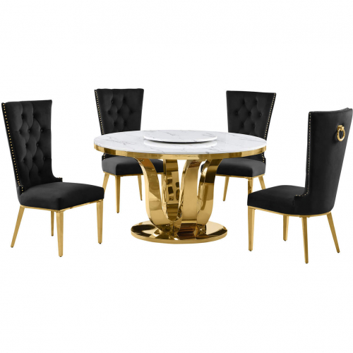 D325 5 Piece Dining Set with Lazy Susan in White Marble, Gold Stainless & Black Velvet