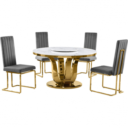 D325 5 Piece Dining Set w/ Lazy Susan in White Marble, Gold Stainless & Dark Gray Velvet