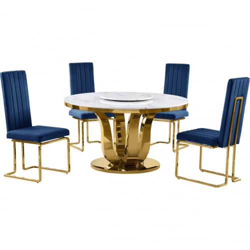 D325 5 Piece Dining Set w/ Lazy Susan in White Marble, Gold Stainless & Navy Blue Velvet