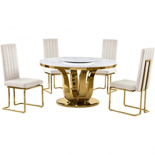 D325 5 Piece Dining Set w/ Lazy Susan in White Marble, Gold Stainless & Cream Velvet