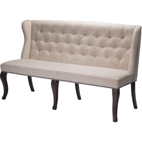 D35 Dining Bench in Tufted Beige Linen & Cappuccino Wood