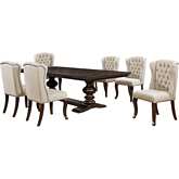 D35 7 Piece Dining Set in Tufted Beige Linen & Cappuccino Wood