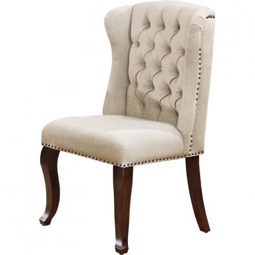 D35 Dining Chair in Tufted Beige Linen & Cappuccino Wood