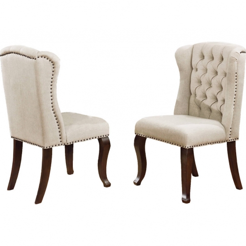 D35 Dining Chair in Tufted Beige Linen & Cappuccino Wood (Set of 2)