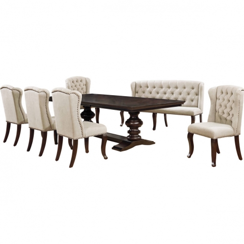 D35 7 Piece Dining Set in Tufted Beige Linen & Cappuccino Wood