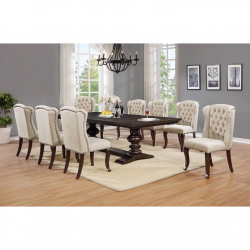 D35 9 Piece Dining Set in Tufted Beige Linen & Cappuccino Wood