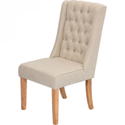 D37 Dining Chair in Tufted Beige Linen & Rustic Natural Wood