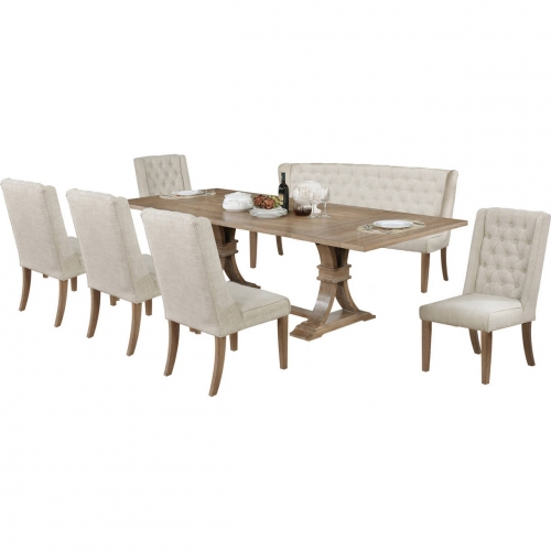 D37 7 Piece Dining Set in Tufted Beige Linen & Rustic Natural Wood