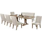 D37 7 Piece Dining Set in Tufted Beige Linen & Rustic Natural Wood