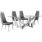 D400 5 Piece Dining Set in Tempered Glass, Polished Stainless Steel & Dark Gray Velvet