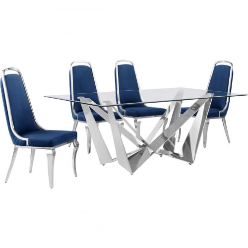 D400 5 Piece Dining Set in Tempered Glass, Polished Stainless Steel & Navy Blue Velvet