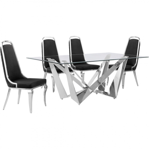 D400 5 Piece Dining Set in Tempered Glass, Polished Stainless Steel & Black Velvet