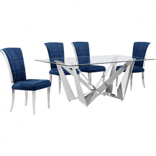 D400 5 Piece Dining Set in Tempered Glass, Polished Stainless Steel & Navy Blue Velvet