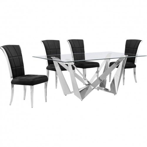 D400 5 Piece Dining Set in Tempered Glass, Polished Stainless Steel & Black Velvet