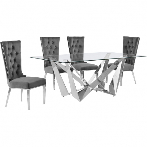 D400 5 Piece Dining Set in Tempered Glass, Polished Stainless Steel & Dark Gray Velvet