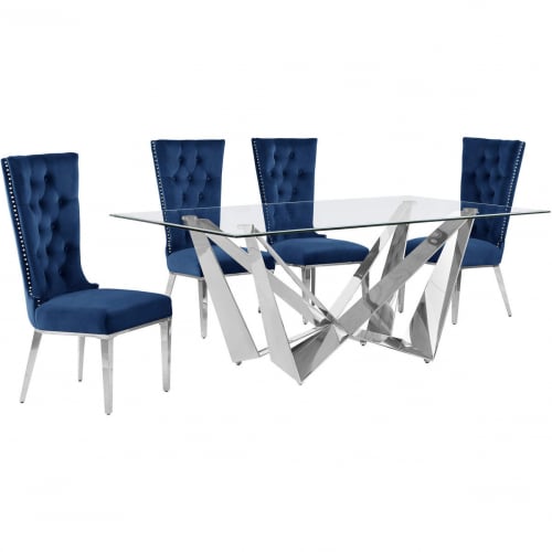 D400 5 Piece Dining Set in Tempered Glass, Polished Stainless Steel & Navy Blue Velvet