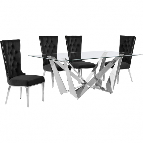 D400 5 Piece Dining Set in Tempered Glass, Polished Stainless Steel & Black Velvet