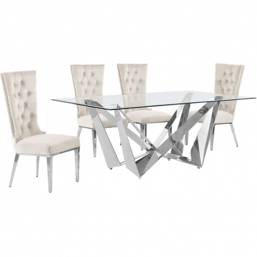 D400 5 Piece Dining Set in Tempered Glass, Polished Stainless Steel & Cream Velvet