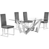 D400 5 Piece Dining Set in Tempered Glass, Polished Stainless Steel & Dark Gray Velvet