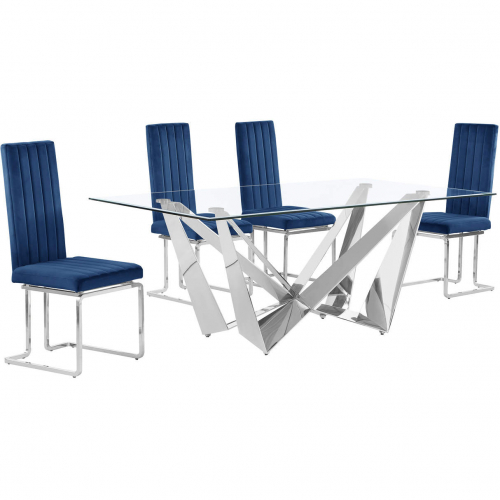 D400 5 Piece Dining Set in Tempered Glass, Polished Stainless Steel & Navy Blue Velvet