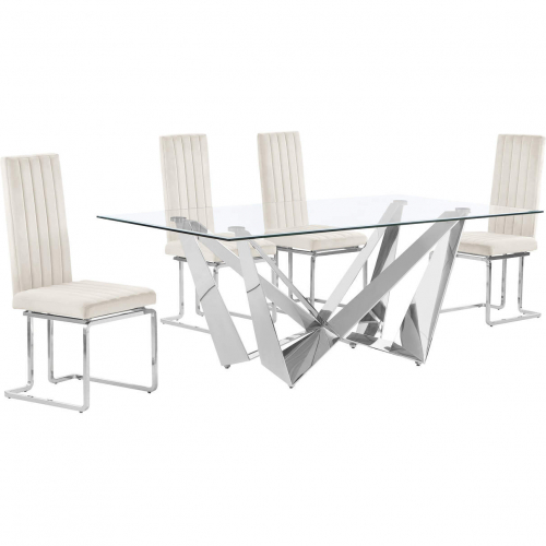 D400 5 Piece Dining Set in Tempered Glass, Polished Stainless Steel & Cream Velvet