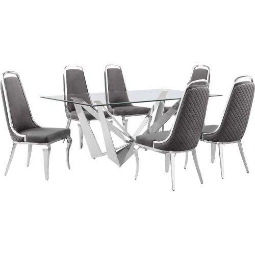 D400 7 Piece Dining Set in Tempered Glass, Polished Stainless Steel & Dark Gray Velvet