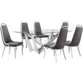 D400 7 Piece Dining Set in Tempered Glass, Polished Stainless Steel & Dark Gray Velvet