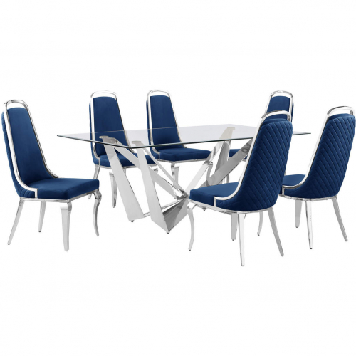 D400 7 Piece Dining Set in Tempered Glass, Polished Stainless Steel & Navy Blue Velvet