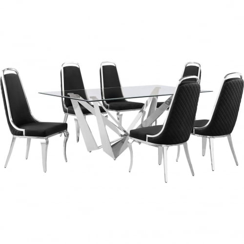 D400 7 Piece Dining Set in Tempered Glass, Polished Stainless Steel & Black Velvet