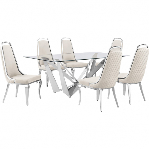 D400 7 Piece Dining Set in Tempered Glass, Polished Stainless Steel & Cream Velvet