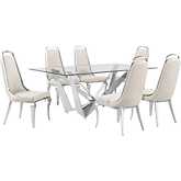 D400 7 Piece Dining Set in Tempered Glass, Polished Stainless Steel & Cream Velvet