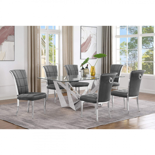 D400 7 Piece Dining Set in Tempered Glass, Polished Stainless Steel & Dark Gray Velvet