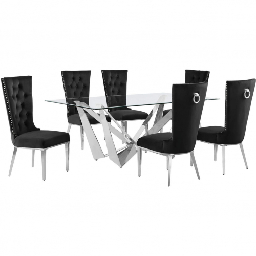 D400 7 Piece Dining Set in Tempered Glass, Polished Stainless Steel & Black Velvet