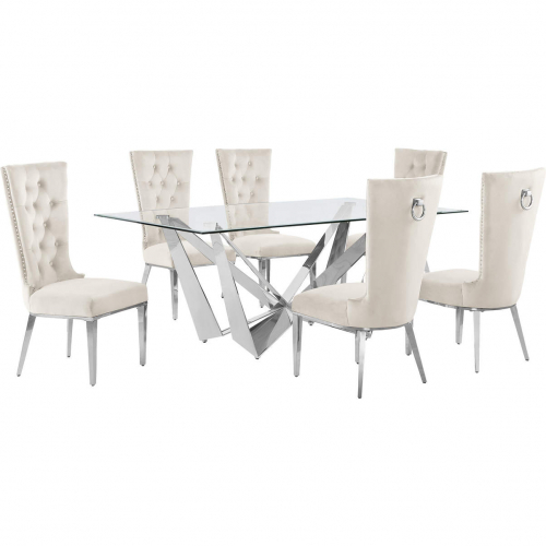 D400 7 Piece Dining Set in Tempered Glass, Polished Stainless Steel & Cream Velvet