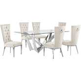 D400 7 Piece Dining Set in Tempered Glass, Polished Stainless Steel & Cream Velvet