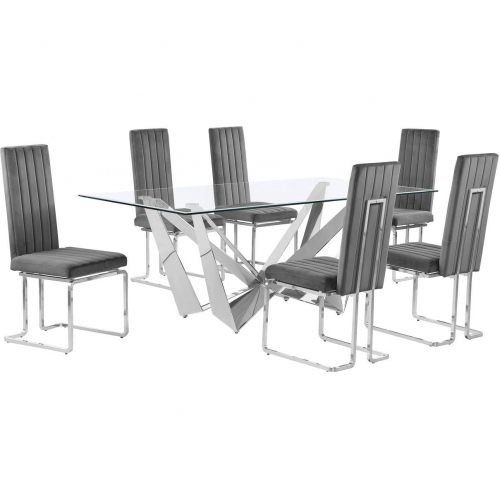 D400 7 Piece Dining Set in Tempered Glass, Polished Stainless Steel & Dark Gray Velvet