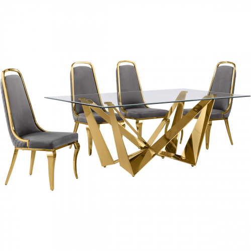 D401 5 Piece Dining Set in Tempered Glass, Polished Gold Stainless Steel & Dark Gray Velvet