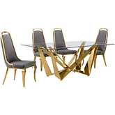 D401 5 Piece Dining Set in Tempered Glass, Polished Gold Stainless Steel & Dark Gray Velvet