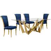 D401 5 Piece Dining Set in Tempered Glass, Polished Gold Stainless Steel & Navy Blue Velvet